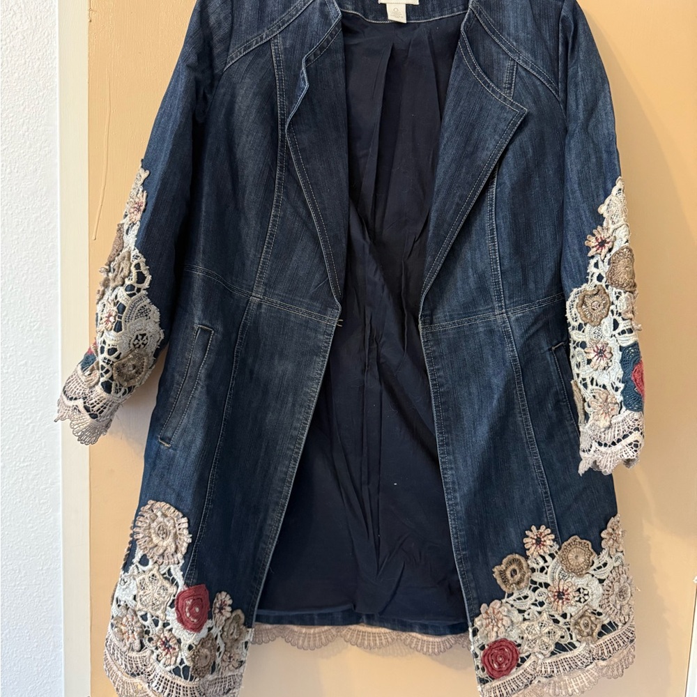 Chico's Dark Blue Jean Jacket with Lace and Floral Embroidery